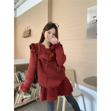 批发实拍实价~韩系穿搭一整套针织套头<b class='q'>荷叶边</b>系带<b class='q'>毛衣</b>短裙新年套装