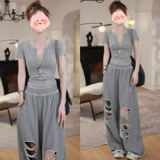 批发全棉套<b class='q'>装</b>260克夏季假两件蕾丝<b class='q'>短袖</b>T恤破洞阔腿<b class='q'>裤</b><b class='q'>两件套</b>