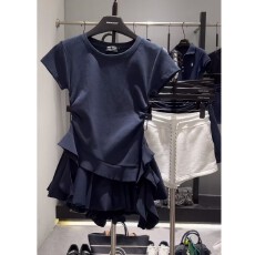 批发不规则下摆<b class='q'>荷叶边</b>短袖T恤+运动蓬蓬<b class='q'>半身裙</b>短裙套装女