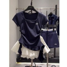 批发不规则下摆<b class='q'>荷叶边</b>短袖T恤+美式<b class='q'>半身裙</b>裤短裙套装女