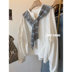 批发配条纹撞色针织披肩 圆领长袖<b class='q'>设计</b>感衬衫