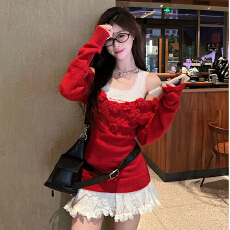 批发甜辣妹套装花朵一字肩针织<b class='q'>毛衣</b>女冬季内搭蕾丝<b class='q'>背心</b>两件套