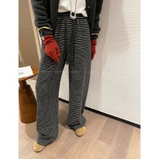 批发原版质量条纹松紧腰抽绳<b class='q'>阔腿裤女</b>新款高腰加绒休闲裤女
