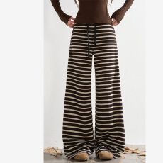 批发秋冬新款抽绳休闲宽松慵懒条纹<b class='q'>阔腿裤</b>子加绒女
