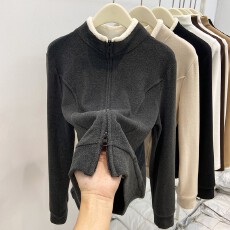 批发（270克德绒）羊羔毛拼接立领磨毛长袖T恤双拉链打底衫上衣