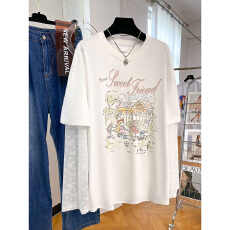 批发220克纯棉蕾丝拼接长袖t恤女新款甜美宽松纯棉假两件上衣