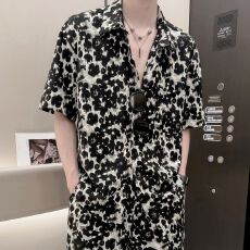 批发夏季款潮流薄款豹纹印花翻领衬衫短裤套装男士时尚休闲百搭两件套