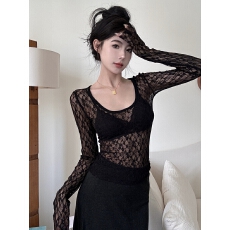 批发宽松一字肩短款长袖打底蕾丝衫<b class='q'>欧美</b>气质低圆领露腰薄款纱网蕾丝T