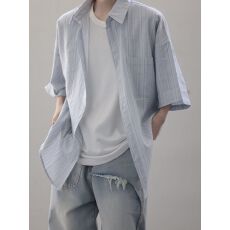 批发复古条纹短袖衬<b class='q'>衫</b><b class='q'>男</b>夏季日系休闲百搭上衣宽松薄款半袖外套潮