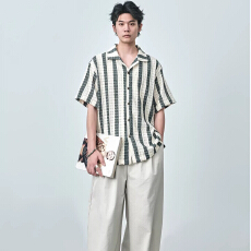 批发夏季日系复古百搭镂空撞色条纹宽松休闲翻领短袖衬<b class='q'>衫</b>上衣<b class='q'>男</b>