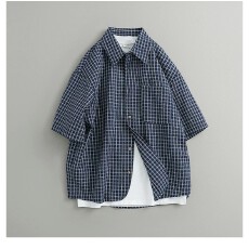 批发夏季蓝色泡泡纱短宽版型衬<b class='q'>衫</b><b class='q'>男</b>cleanfit美式复古短袖格子潮牌衬<b class='q'>衣</b>