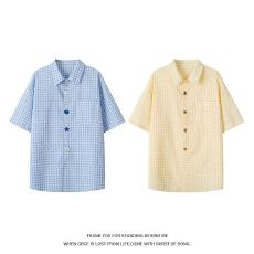 批发美式高街趣味纽扣衬衫<b class='q'>短袖</b>男夏季多巴胺格子衬衣<b class='q'>男生</b>海边薄款外套