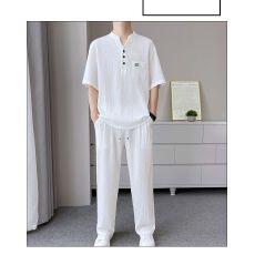 批发【两件套】夏季中国风冰感短袖t恤长裤套装宽松立领休闲一套男装
