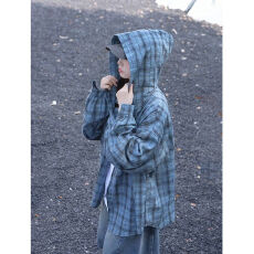 批发灰色连帽格子衬衣男款<b class='q'>春</b>夏宽松防晒衬衫美式oversize情侣长袖外套