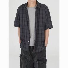 批发美式复古深灰色格子衬衫男<b class='q'>春</b>夏慵懒松弛感短袖衬衣休闲百搭五分袖