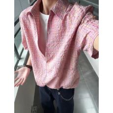 批发假两件<b class='q'>衬衫</b>V领竖条纹男女休闲夏季百搭透气防晒<b class='q'>衬衣</b>