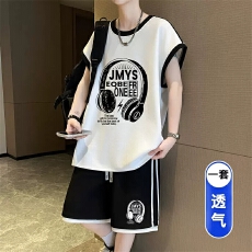 批发冰丝速干无袖T恤套装男生青少年初高中学生<b class='q'>夏</b>装背心休闲运动套装