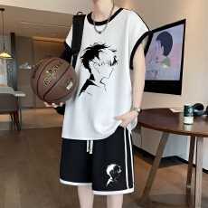 批发夏季无袖t恤<b class='q'>男</b>孩高中初中生冰丝背心短裤青少年大童夏装运动套装
