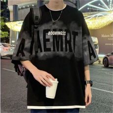 批发美式高街短袖T恤男短裤休闲套装男<b class='q'>夏</b>季青少年假两件穿搭配一整套