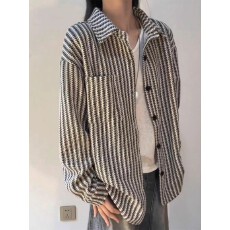 批发小香风条纹开衫卫衣外套男女重磅鱼骨纹<b class='q'>长袖</b><b class='q'>衬衫</b>美式情侣翻领夹克