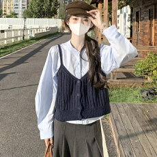 批发实拍 2025秋季新款韩系小个子叠穿纯色针织吊带圆领长袖衬衫套装