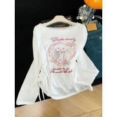 批发实拍 2026夏季新款拼接<b class='q'>蕾丝</b>花边小狗印花设计感长袖防晒百搭上衣