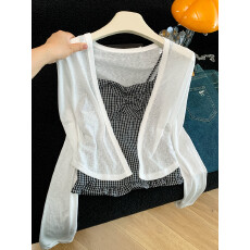 批发实拍 2026夏季小清新冰丝外搭防晒开<b class='q'>衫</b>木耳边<b class='q'>格子</b>吊带背心两件套