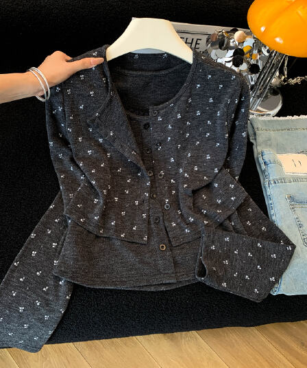 실사 2026 가을 새로운 한 부서 레트로 꽃무늬 쇼트 스타일 오픈 가디건 몸매 가꾸기 단색 투피스 조끼 여성