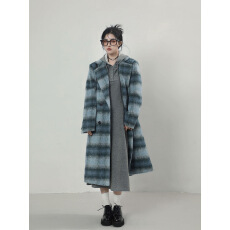 批发蓝色格纹毛呢大衣女2025冬季新款中长款呢子上衣百搭气质外套