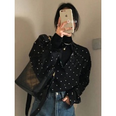 批发法式chic复古翻领撞色波点衬衫落肩袖宽松百搭长袖衬衣