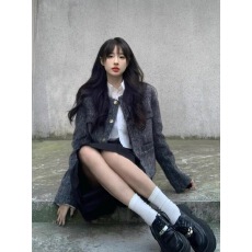 批发设计感灰色短款小香风毛呢外套女小个子<b class='q'>秋</b>冬韩系chic别致长袖上衣