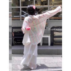 批发林初美 蝴蝶结条纹防晒衬衫女春夏韩系宽松中长款设计感<b class='q'>甜美</b>上衣