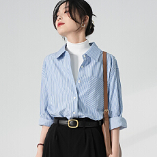 批发蓝色条纹<b class='q'>衬衫</b><b class='q'>女</b>秋冬设计感小众OL<b class='q'>职业</b>通勤叠穿<b class='q'>衬衣</b>