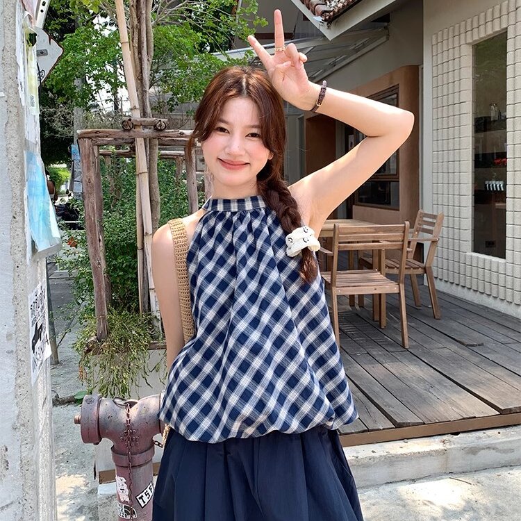 토지 작은 그룹 레트로 체크무늬 꽃밭 조끼 여름 새로운 한 부서 패션 품격 달콤함 슬림해 보이는 행침 목 맨위