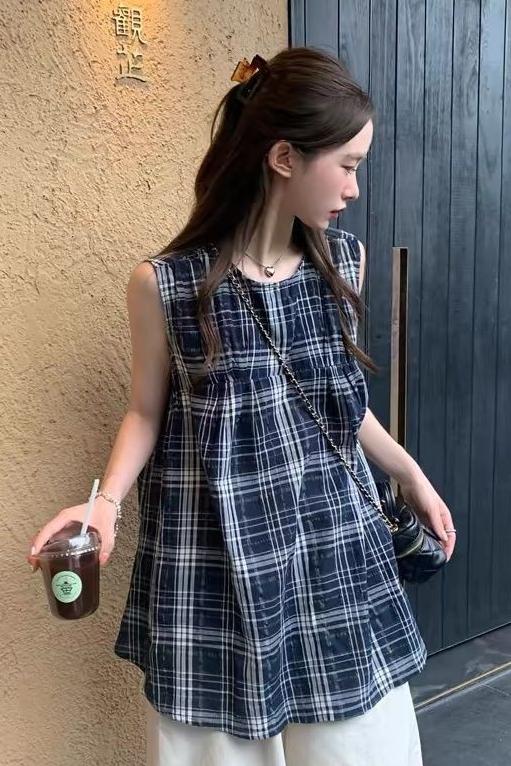 레트로 디자인 센스 체크무늬 라운드 넥 셔츠 여름 새로운 루즈핏 민소매 캐주얼 인형 셔츠 대외 무역 한