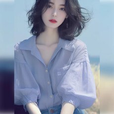 批发夏季韩系chic别致独特<b class='q'>设计</b>感紫色灯笼袖衬衫温柔气质绝美V领上衣