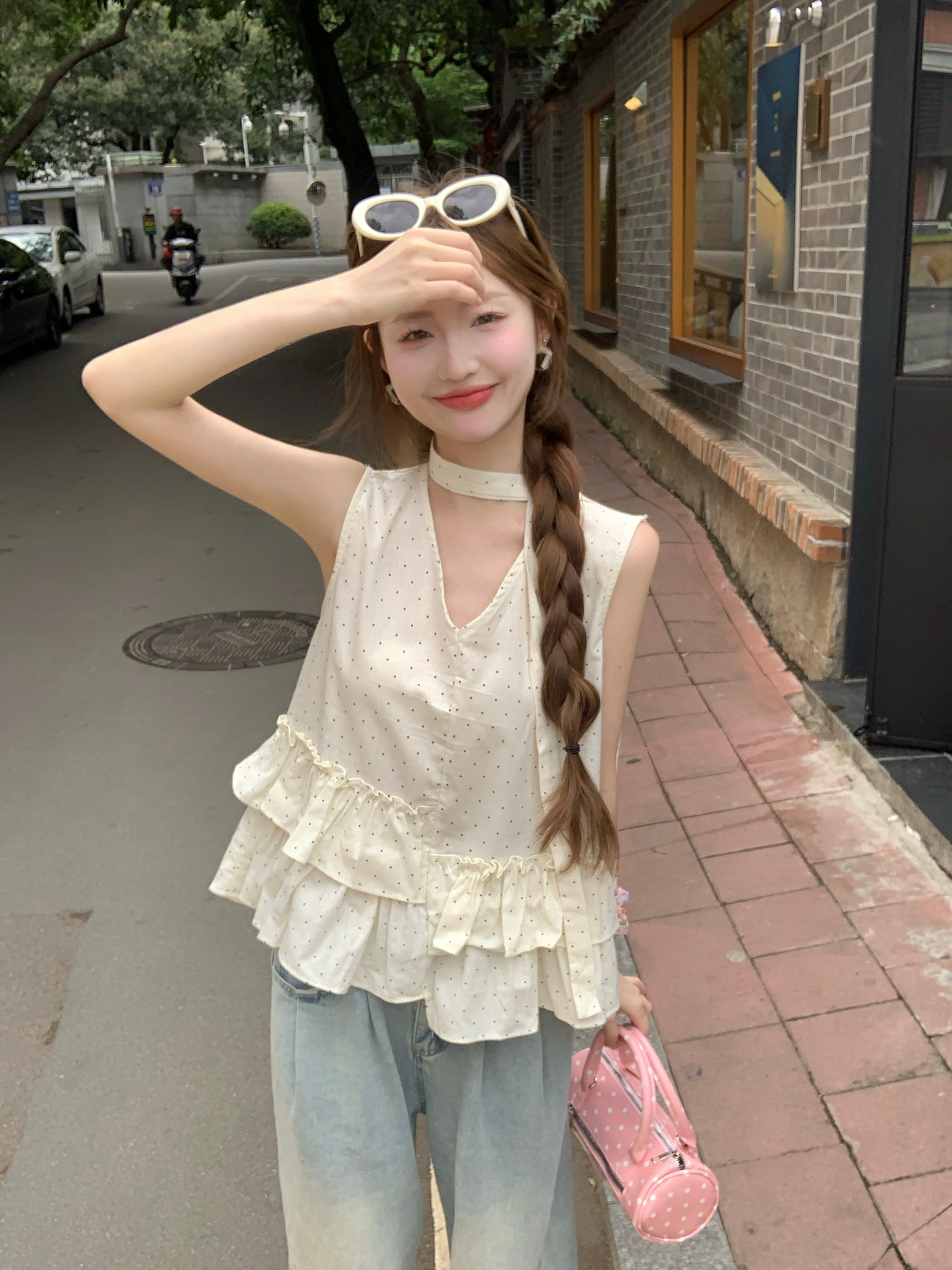 실사 여름 도트 무늬 민소매 조끼 셔츠 불규칙 프릴 작은 키 루즈핏 맨위 리본 행침 목