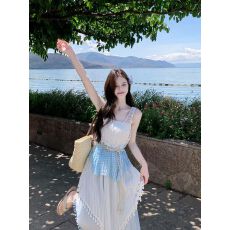 批发实拍 ~夏日新款波西米亚度假风蓝色<b class='q'>连衣裙</b>+<b class='q'>复古</b>针织镂空背心套装
