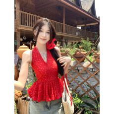 批发实拍  夏季新款韩版时尚<b class='q'>百搭</b>显瘦碎花挂脖背心气质辣妹风上衣