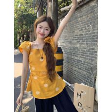 实拍  复古度假温柔风刺绣小飞飞袖收腰小衫配发圈