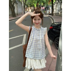 批发实拍   韩系细褶蓝色格子飞飞袖背心小衫设计感上衣