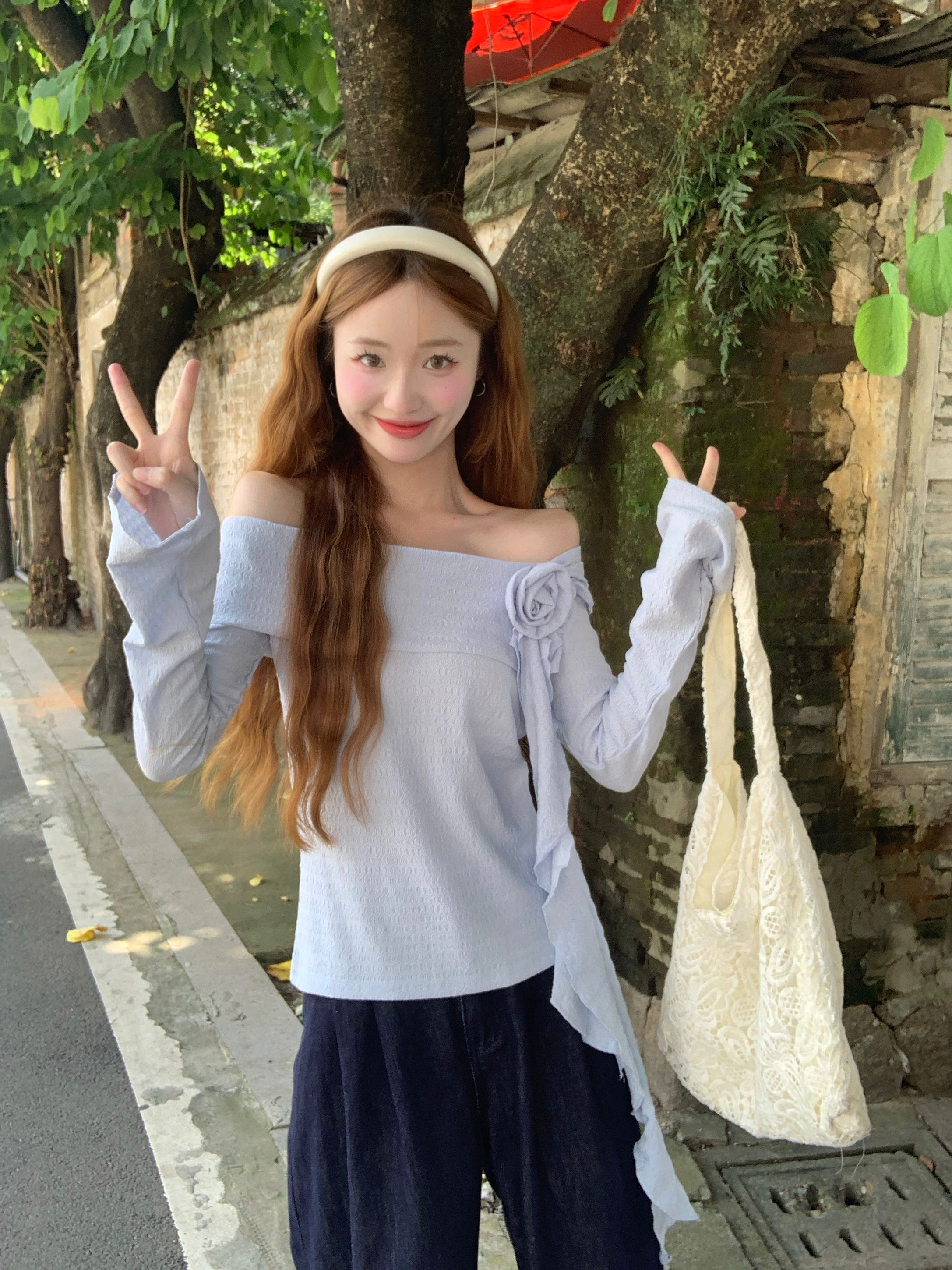 FA36127# 早秋新款立体花朵飘带一字肩上衣T恤修身长袖小衫女  服裝批發女裝批發服飾貨源