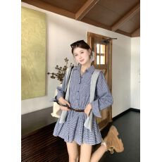 批发实拍  秋季时尚百搭显瘦格子衬衫连衣裙送灰色帽子披肩+腰带