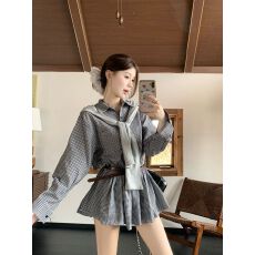 批发实拍  秋季时尚百搭显瘦格子衬衫连衣裙送灰色帽子披肩+腰带