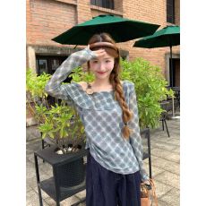 批发实拍 韩版<b class='q'>不规则</b>斜领露肩菱形格长袖T恤女秋季荷叶边修身显瘦上衣