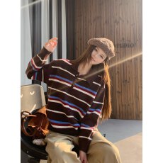 批发实拍  秋冬设计感复古撞色条纹加厚毛衣女百搭韩系休闲针织上衣