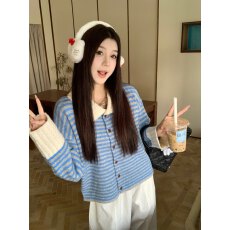 实拍 秋冬新款韩版复古宽松慵懒松弛感条纹翻领毛衣开衫外套女