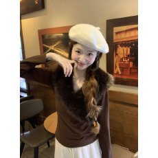 批发实拍 纯欲辣妹毛领拼接V领长袖T恤设计感内搭<b class='q'>修身</b>打底衫加厚上衣