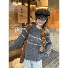 批发实拍韩系慵懒风刺绣花朵针织衫女2025新款软糯毛衣高级感圆领上衣