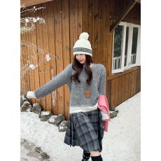 实拍  设计感小众假两件撞色拼接毛衣女韩系宽松外穿针织衫上衣